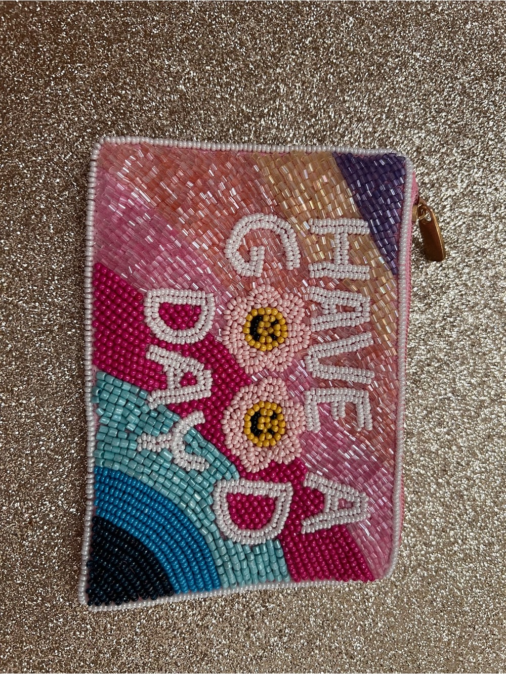 Hand-Beaded 'Have a Good Day' Pouch in Pink & Teal